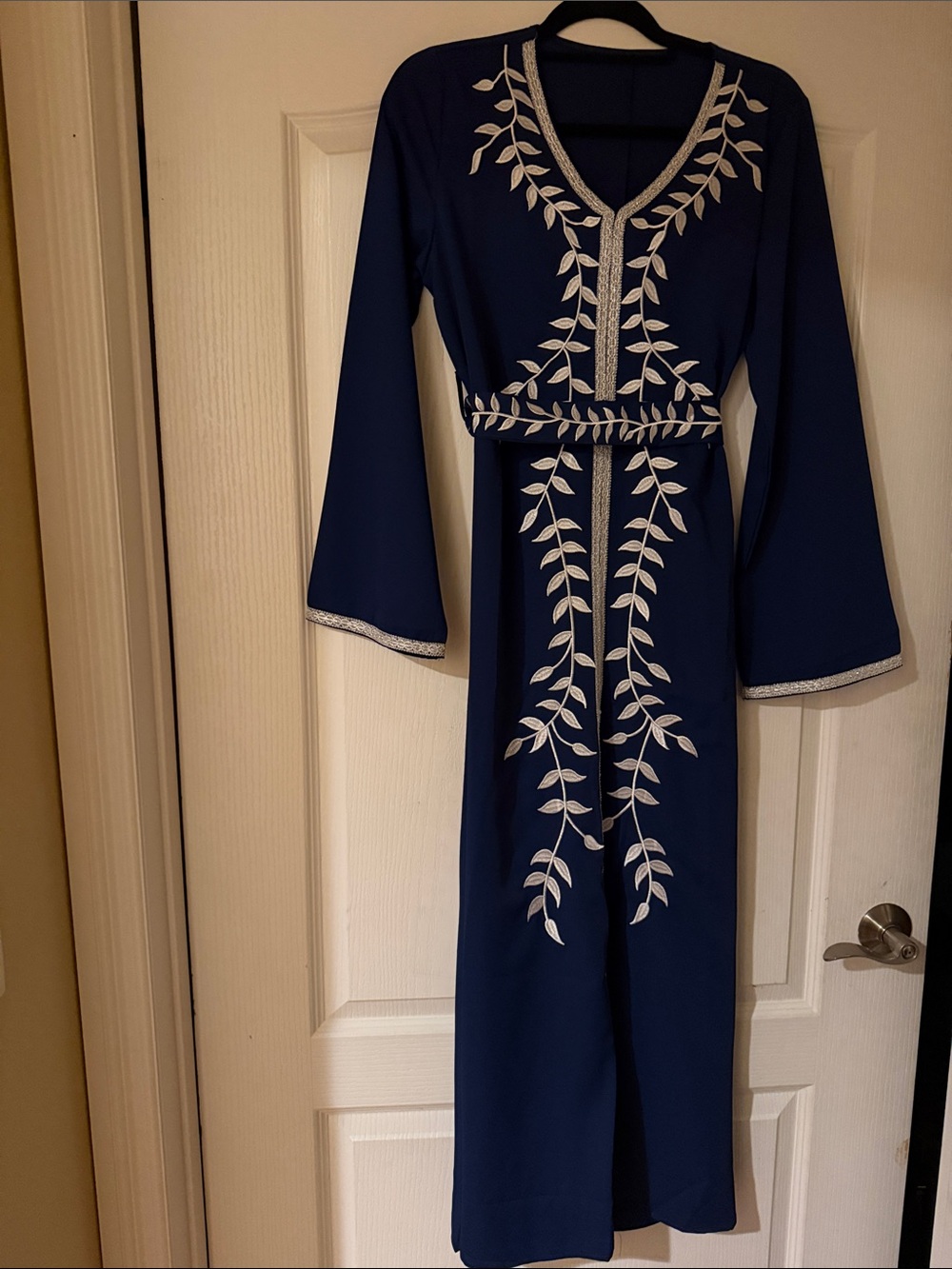 Navy Blue Embroidered Long Sleeve Maxi Dress